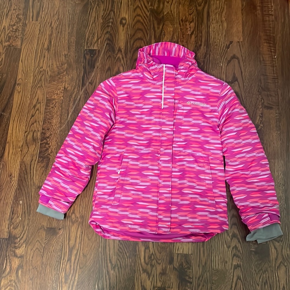 Pinkish purple puffer jacket with striped pattern